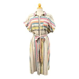 Time and Tru Multicolor Striped Button-Front Dress in Coral and Teal